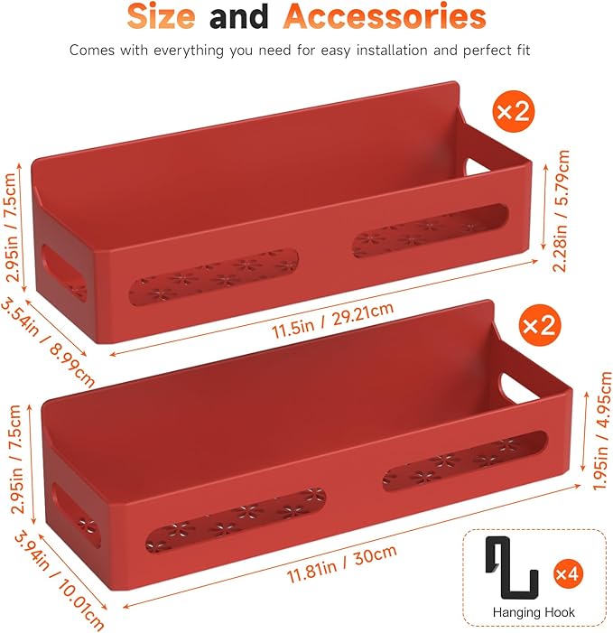 Sevenblue 4 Pack Strong Magnetic Spice Rack for Refrigerator, Multipurpose Magnetic Shelf for Fridge with 4 Hooks for kitchen and Bathroom Organization, Red - Image 7