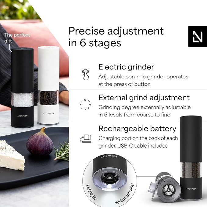 LARS NYSØM Electric Salt and Pepper Grinder Set I Automatic Salt and Pepper Mills with Adjustable Ceramic Grinder I USB Rechargeable Electric Spice Mill Set with LED Light (Carbon Black) - Image 2