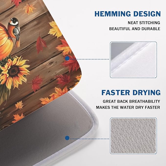 Fall Pumpkin Dish Drying Mat for Kitchen Counter Thanksgiving Autumn Harvest Pumpkin Microfiber Dish Drainer Mat Rustic Farmhouse Absorbent Washable Drying Pad 18"x24"