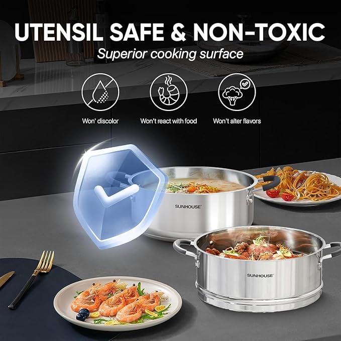 SUNHOUSE - 4.6 Quart Steamer Pots with Lid 2-Tier Multipurpose Stainless Steel Steaming Pot Cookware with Handle for Vegetable, Dumpling, Sauce, Food - Triple Bottom, Measurement Line - Image 4