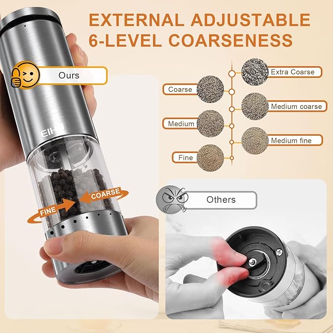 Electric Salt and Pepper Grinder Set Rechargeable, Automatic Salt and Pepper Shakers Mills External Adjustable Coarseness, Kitchen Gadgets, Stocking Stuffers Christmas Cooking Gifts for Men Women - Image 2