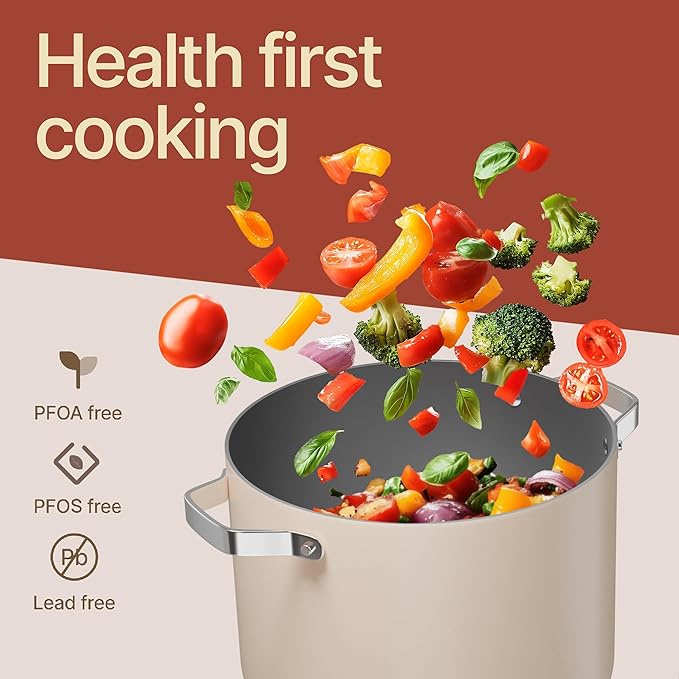 Bakken 12.5 Quart Ceramic Coated Stock Pot with Lid, Easy Clean Nonstick Pot, Tempered Glass Lid, Riveted Stainless Steel Handles, Oven Safe Up To 500°F, PTFE & PFAS Free, All Stove Compatible, Cream - Image 6