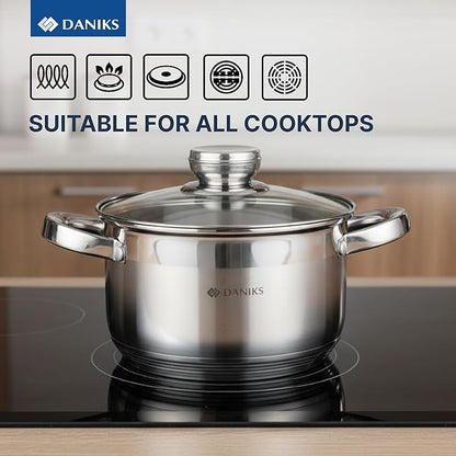 Daniks Standard 3 Quart Stainless Steel Stock Pot with Glass Lid, Tri-Ply Bottom for Even Heating, Induction Compatible, Dishwasher Safe, Built-In Measuring Scale, Silver