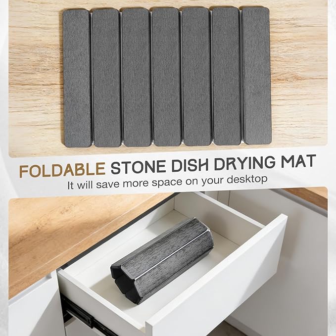 Stone Drying Mat, HQAUT Quick Dry Dish Drying Mat for Counter, Foldable Diatomaceous Earth Mat with Sanding Tool and Anti-Slip Pad, Fast Drying Stone Pad for Dishes and Glassware
