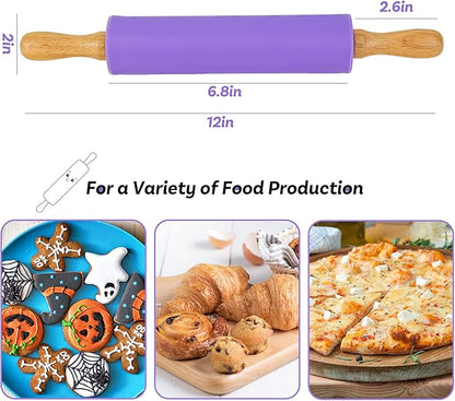 Koogel Rolling Pin for Baking, 12 Inch Non-Stick Silicone Surface, Wooden Handle Rolling Pin for Baking Pies, Pastry, Cookies, Kitchen Essential - Image 2