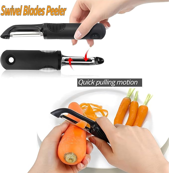 Swivel Vegetable Peeler with Non-Slip Ergonomic Handle, Rust-Proof Steel Blades, Built-in Potato Eye Remover, Plastic Blade Guard, Kitchen Peeler for Potato, Carrot, Apple, Veggie, Fruit, Black - Image 5