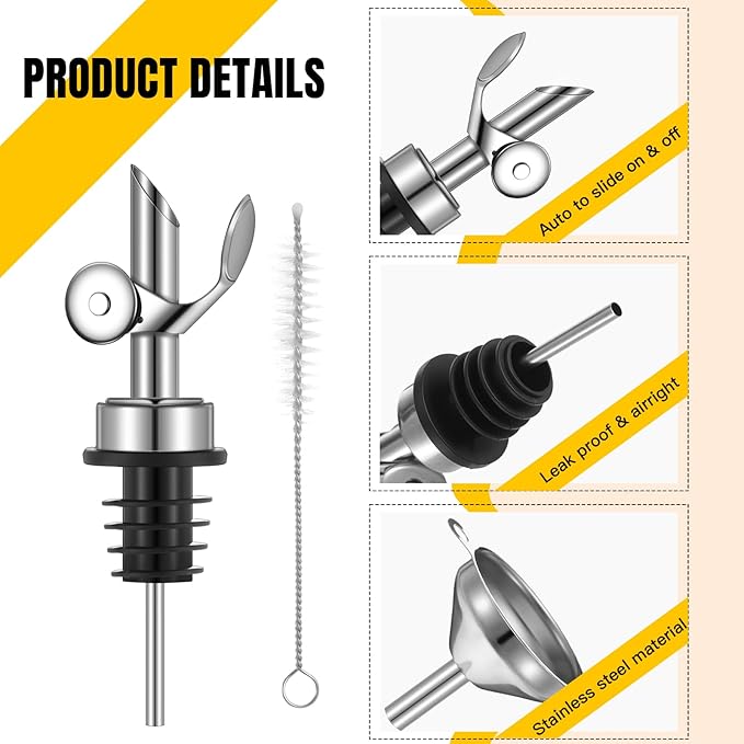 Tioncy 4 Pieces Weighted Stainless Steel Pourers Olive Oil Spout Olive Oil Dispenser Spout Automatic Opening and Closing with Funnel and Brush for Pouring Wine Syrup Kitchen(Silver)