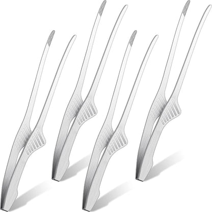 Patelai 4 Pieces Korean and Japanese BBQ Tongs Non Slip Cooking Utensils Stainless Steel Tongs for Serving Food, Salad, Camping, Barbecue, Buffet, Oven with Support Stand (Silver)