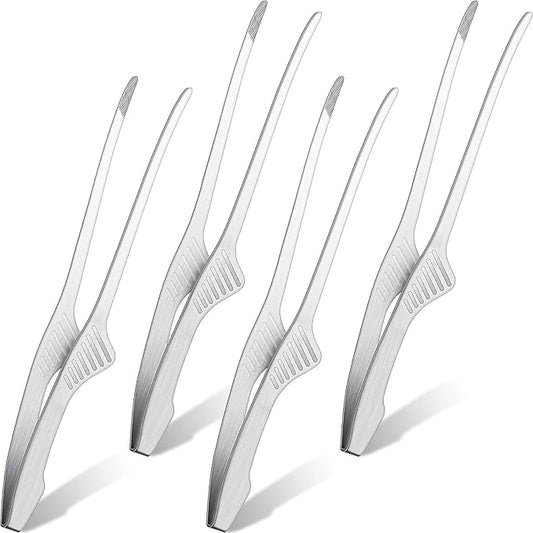 Patelai 4 Pieces Korean and Japanese BBQ Tongs Non Slip Cooking Utensils Stainless Steel Tongs for Serving Food, Salad, Camping, Barbecue, Buffet, Oven with Support Stand (Silver)