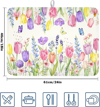Spring Floral Dish Drying Mat for Kitchen Counter Easter Tulip Lavender Flower Microfiber Dish Drainer Mat Rustic Farmhouse Absorbent Washable Drying Pad Extra Large 18"x24"