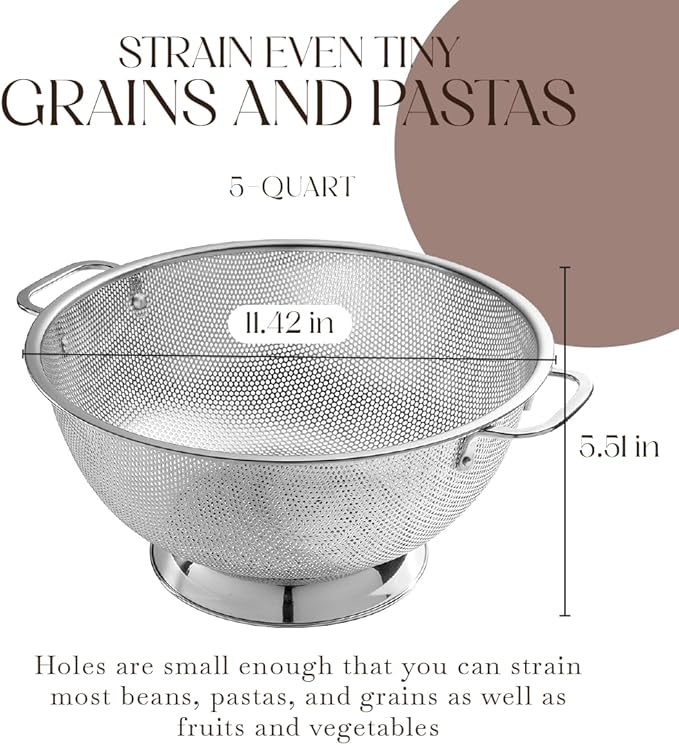 Bellemain Colander for Kitchen – 5 Qt Stainless Steel Strainer with Handle - 18/8 Pasta Strainer Bowl for Pasta, Spaghetti, Vegetables, Fruit, and Pot Draining - Stainless Steel Colander - Image 2