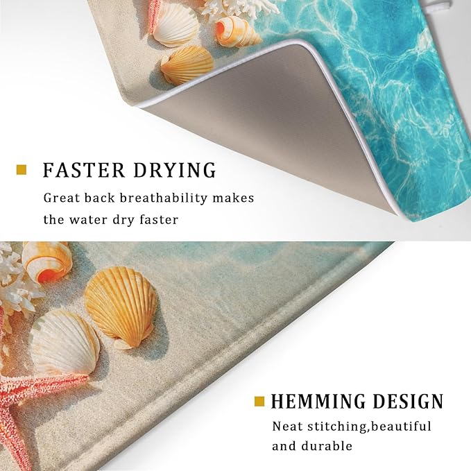 Giwawa Coastal Starfish Dish Drying Mat 18"x24" Ocean Blue Sea Coral Seashell Dish Drainer Mats Nautical Beach Themed Decorative Reversible Dish Drying Pad for Kitchen Countertop Dining Room