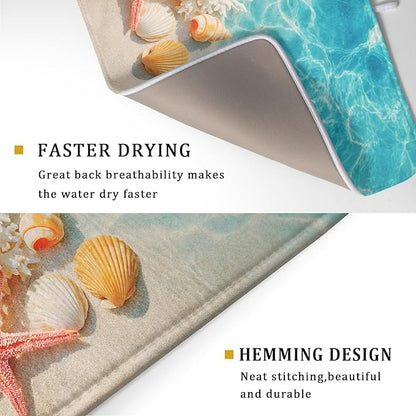 Giwawa Coastal Starfish Dish Drying Mat 18"x24" Ocean Blue Sea Coral Seashell Dish Drainer Mats Nautical Beach Themed Decorative Reversible Dish Drying Pad for Kitchen Countertop Dining Room