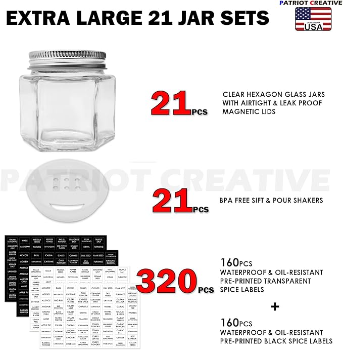 Patriot Set of 21 Large 4oz Magnetic Spice Jars for Refrigerator, Hexagon Glass Magnetic Spice Jars with Shaker Lids and Labels for Kitchen RV Travel Trailer, Magnetic Spice Containers for Fridge