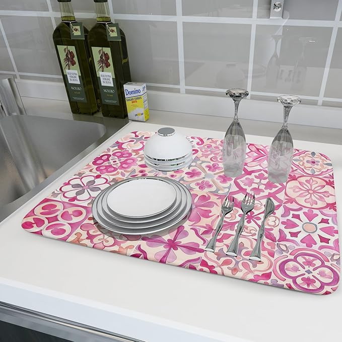 Pink Mexican Tiles Dish Drying Mat Absorbent Microfiber Dish Drying Pad for Kitchen Multi-use Large - Image 6