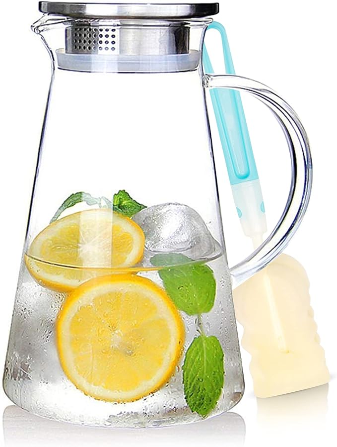 SUSTEAS 2.0 Liter 68oz Glass Pitcher with Lid, Easy Clean Heat Resistant Glass Water Carafe with Handle for Hot/Cold Beverages - Water, Cold Brew, Iced Tea & Juice, With 1 Long-Handled Brush Included by SUSTEAS