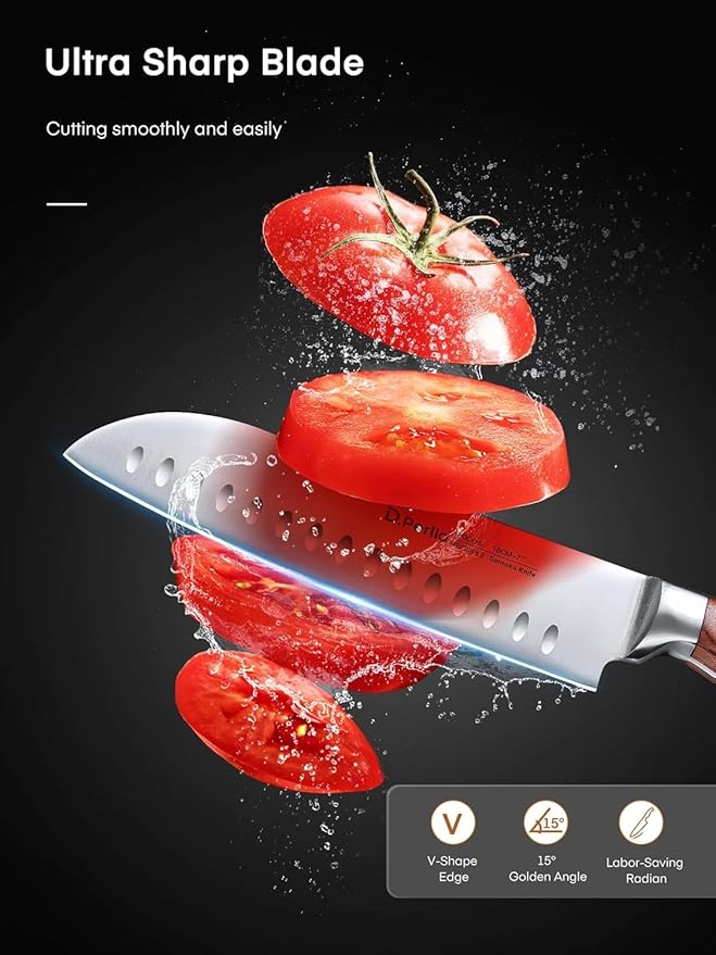 Kitchen Knife Set, 16 Pcs Stainless Steel Kitchen Knife Set with Sharpener & Wooden Block, Knife Block Set with Wood Handle, Chef, Santoku, Bread, Utility, Paring & Carving Fork Knife, Brown