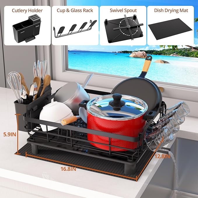 Godboat Dish Drying Rack, Dish Rack with Auto-Drain & Mat, Dish Drainers for Kitchen Counter, Glass Organizer for 4 Cups, 3 Slots Utensil Holder, Gifts for Women Mothers Day, Kitchen Gadgets & Decor - Image 3