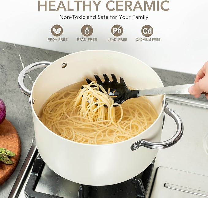 MICHELANGELO Stock Pot with Lid, Nonstick Cooking Pot, 5 Quart Soup Pot with Lid, Non Stick Pots with Stainless Steel Handle, Induction Compatible, Cream - Image 2