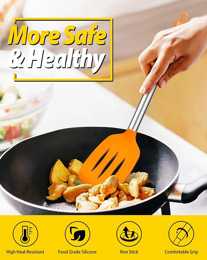 Pack of 4 Silicone Cooking Utensils Set, Non Stick Large Solid Spatulas, Heat Resistant Slotted Spoons, Ideal BPA Free Kitchen Turners for Frying, Mixing,Serving,Draining,Turning,Stirring (ORANGE) - Image 4