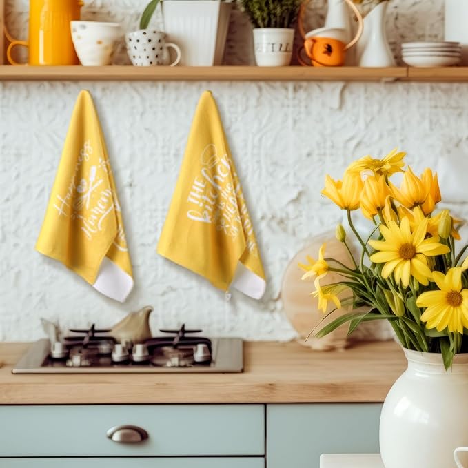 Sratte 6 Pcs Kitchen Decor Accessories Set Farmhouse Towels Pot Holders Oven Mitts Set 2 Dish Towels 2 Potholders 2 Cooking Mittens Oven Glove for Christmas Baking Cooking Supply(Yellow,Kitchen) - Image 2