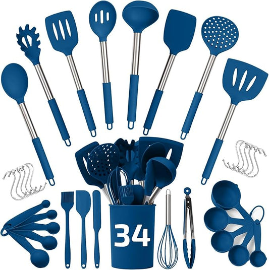 Silicone Kitchen Utensils Set 34 Pieces 450 °F Heat Resistant - Blue Cooking Utensils-Set for Nonstick Cookware - Silicone Spatulas Set, Stainless Steel Handle & Other Kitchen accessories