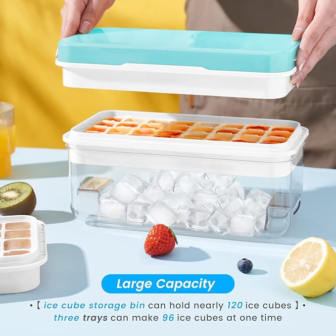 Ice Cube Tray with Lid and Bin, PHINOX 96 pcs Ice Trays for Freezer, Ice Cube Trays for Freezer with 3 trays, Container, Lid & Ice Scoop, BPA Free - Image 6