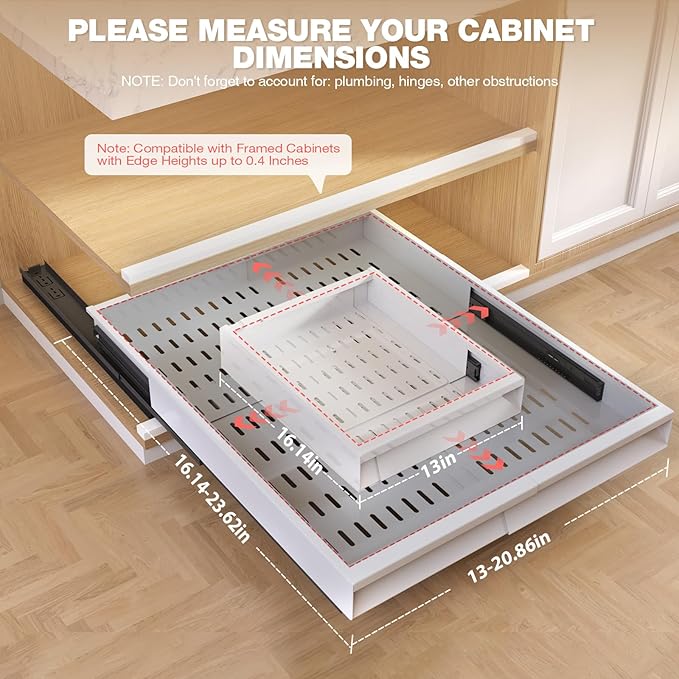 Seinloes 4 Pack Pull Out Cabinet Organizer With Raising Pad for Framed Cabinets,Expandable Width (13"-21") and Depth (17"-24"),3 Slide Rails Slide Out Drawers with Handle,No-Drill Roll Out Shelf,White - Image 2