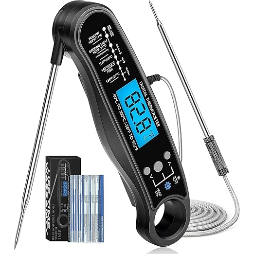 New 2-in-1 Instant Read Meat Thermometer for Cooking, Fast & Precise Digital Food Thermometer with Backlight, Magnet, Waterproof and Dual Foldable Probe for Kitchen Oven, Deep Fry, BBQ, Grill (Black)
