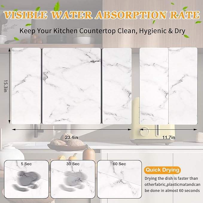 Stone Dish Drying Mat for Kitchen Counter, 24''×15'' Dishes Drying Matt Kitchen Counter, Absorbent Diatomaceous Earth Bath Quick Dry Mats for Tableware, Bottles and Cup (White Marble) - Image 2