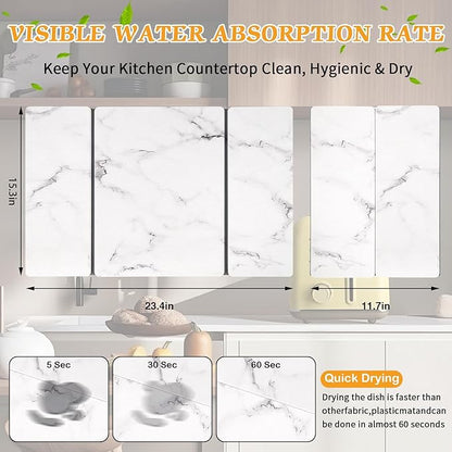 Stone Dish Drying Mat for Kitchen Counter, 24''×15'' Dishes Drying Matt Kitchen Counter, Absorbent Diatomaceous Earth Bath Quick Dry Mats for Tableware, Bottles and Cup (White Marble) - Image 2