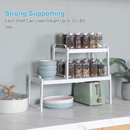 4 Pack Kitchen Cabinet Shelves Organizers, Kitchen Counter Storage Shelf Spice Rack, Expandable Length, Adjustable Height, Stackable, Sturdy 30LBS Bearing, Small Cupboard Tabletop Organizer Shelf Rack - Image 6