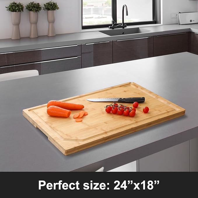 24 x 18 Extra Large Bamboo Serving Boards for Kitchen, Heavy Duty Wood Butcher Block Chopping Board with Handle and Juice Groove for Meat, Large Charcuterie Board, Over the Sink Cutting Board - Image 2
