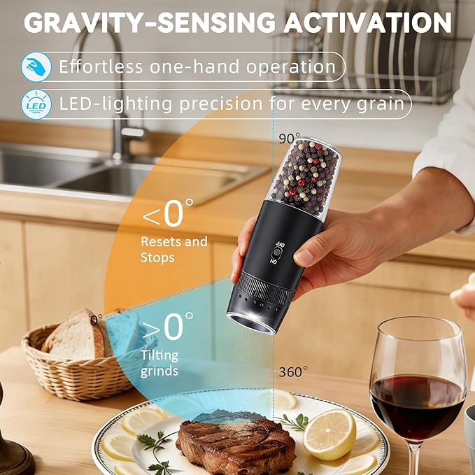 Gravity Electric Salt and Pepper Grinder Set Rechargeable Automatic Shakers Mill Grinder with LED Light, Adjustable Coarseness One Hand Operation, USB-C BatteryPowred, Gift for Home Chefs, 2 Pack