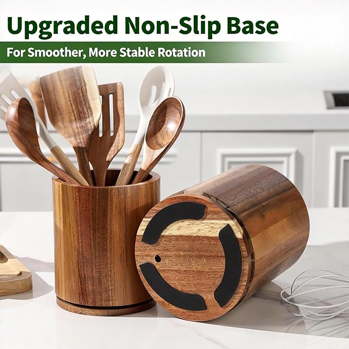 Wooden Utensil Holder, 360°Rotating 7.3'' Large Utensil Holder for Kitchen Counter, Kitchen Utensil Organizer, Utensil Crock, Farmhouse Kitchens Countertop Decor, Distressed White - Image 6