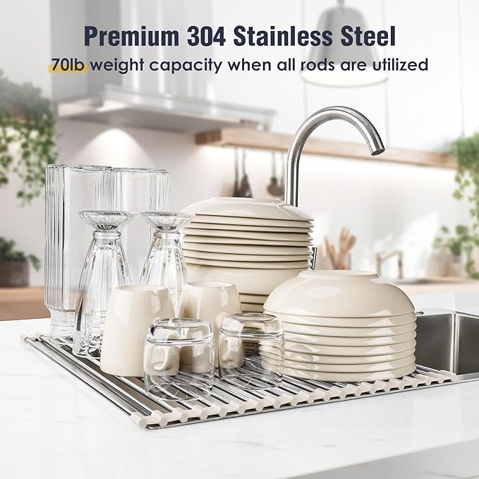 Tomorotec 21" x 15.5" Roll Up Dish Drying Rack Over Sink Drying Rack Sink Cover Kitchen Sink Accessories Gadget Multipurpose Organizer Foldable Stainless Steel Drainer - Image 5