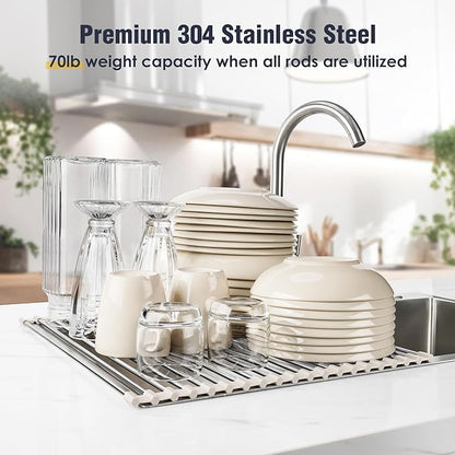 Tomorotec 21" x 15.5" Roll Up Dish Drying Rack Over Sink Drying Rack Sink Cover Kitchen Sink Accessories Gadget Multipurpose Organizer Foldable Stainless Steel Drainer - Image 5