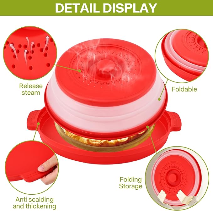 Microwave Splatter Cover for Food with Anti-scald Base Plate,Large Plastic & Silicone Vented Avoid Scalding Collapsible Guard Lid,Kitchen Essential Gadgets for Meal Prep-10.7 Inch (Red) - Image 5
