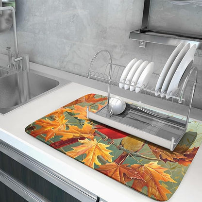 Giwawa Fall Birds Dish Drying Mat 18x24 Inch Autumn Maple Leaf Tree Dish Drainer Mats Thanksgiving Decorative Microfiber Reversible Dish Drying Rack Pad Large for Kitchen Countertop Tabletop