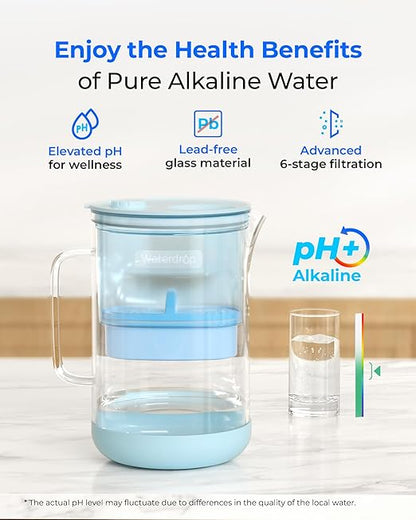 Waterdrop PT-09B-A 10-Cup Large Glass Alkaline Water Filter Pitcher, Eco-Friendly, Enhances Alkaline Water, for Home & Office, Reduces PFOA/PFOS, Chlorine, Cadmium, Copper & Mercury, Blue