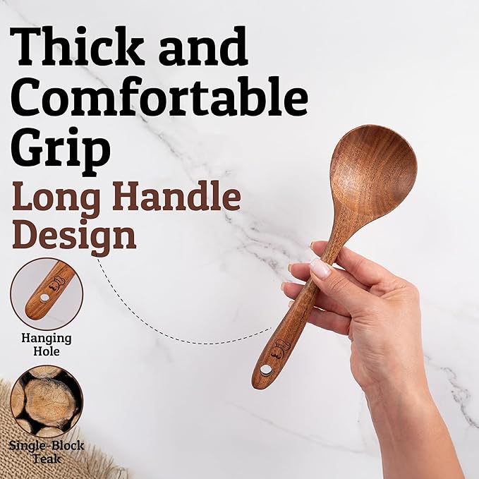 PriorityChef Handcrafted Teak Wooden Spoon for Cooking - Large Wood Spoon Kitchen Utensil - Heavy Duty Wood Serving Spoons - 10 Inch Wooden Mixing Utensil for Stirring, Baking & Cooking