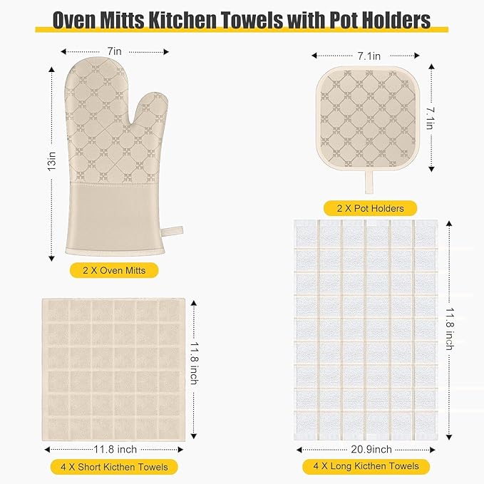 Oven Mitts Kitchen Towels Dishcloths with Pot Holders Sets 12PCS, Dish Towels Sets, Oven Gloves Pot Pads Heat Resistant 500 Degrees with Non-Slip Silicone Surface for Cooking Baking Grilling-Milkshake - Image 2