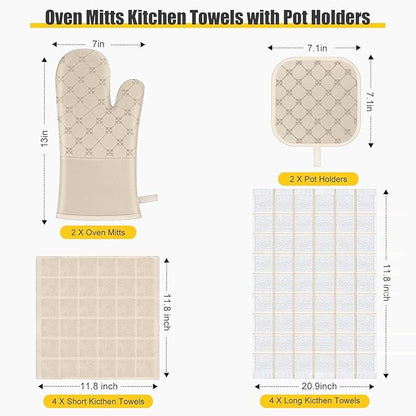 Oven Mitts Kitchen Towels Dishcloths with Pot Holders Sets 12PCS, Dish Towels Sets, Oven Gloves Pot Pads Heat Resistant 500 Degrees with Non-Slip Silicone Surface for Cooking Baking Grilling-Milkshake - Image 2