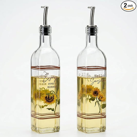 Topadorn 17 oz Olive Oil Dispenser Bottle Set for Kitchen, 2 Pcs Glass Oil Dispenser Bottle with Stainless Steel Pourers, 2 Packs of Napkins, Sunflower