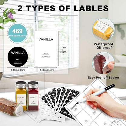 AISIPRIN 24 Pcs Glass Spice Jars with Labels, 4oz Small Empty Square Seasoning Containers Bottles - Shaker Lids, Funnel, Brush,469 Labels and Marker Included