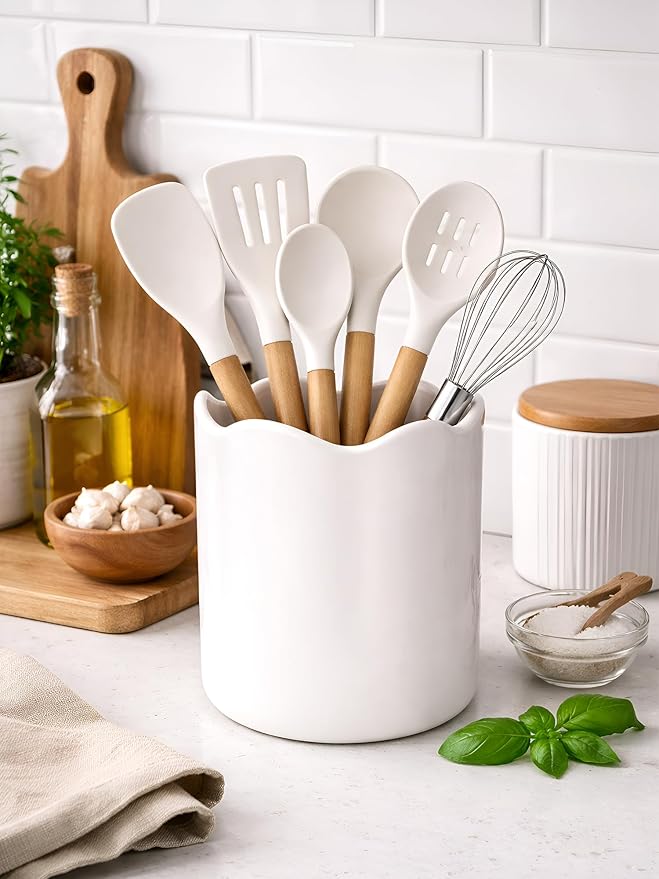 Ceramic Utensil Holder for Kitchen Counter, 7.1" Large Kitchen Utensil Crock with Protection Cork Mat, Modern Cooking Tools Organizer for Countertop, Matte White
