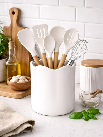 Ceramic Utensil Holder for Kitchen Counter, 7.1" Large Kitchen Utensil Crock with Protection Cork Mat, Modern Cooking Tools Organizer for Countertop, Matte White