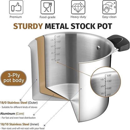 12 Quart 3-Ply Cooking Stock Pot with Lid, P&P CHEF Stainless Steel Large Pot for Pasta Soup, Work on Multi Stove, Heavy Duty & Dishwasher Safe, Dual Heat-resistant Handles & Transparent Glass Lid - Image 4