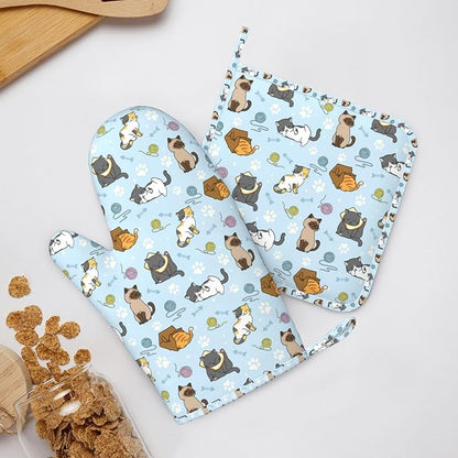Cute Cat Oven Mitts and Pot Holders Set - Heat Resistant & Non-Slip Silicone Kitchen Gloves for Cooking, Baking, Grilling, BBQ - Fun Kitchen Accessories