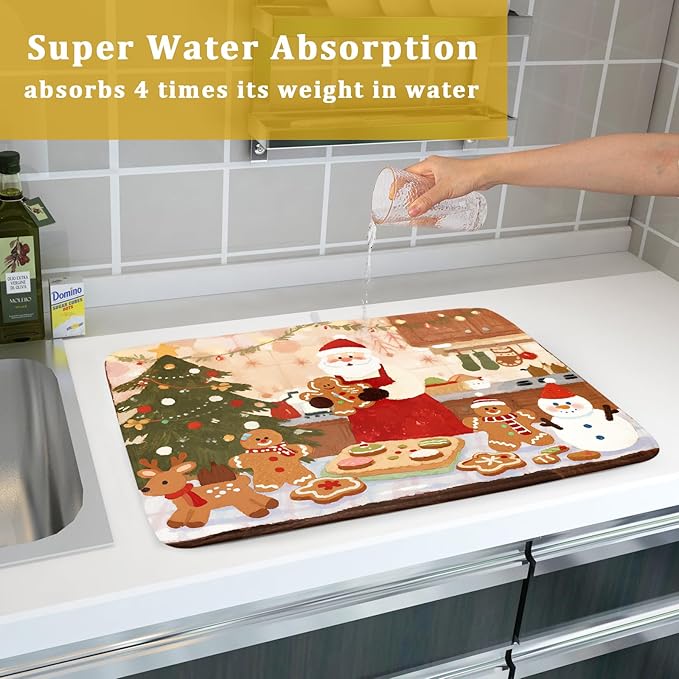 Christmas Dish Drying Mat for Kitchen Counter 18x24 Santa Claus Gingerbread Winter Xmas Holiday Themed Absorbent Reversible Microfiber Drying Mats Kitchen Countertop Protector Dishes Drainer Rack Pad - Image 7